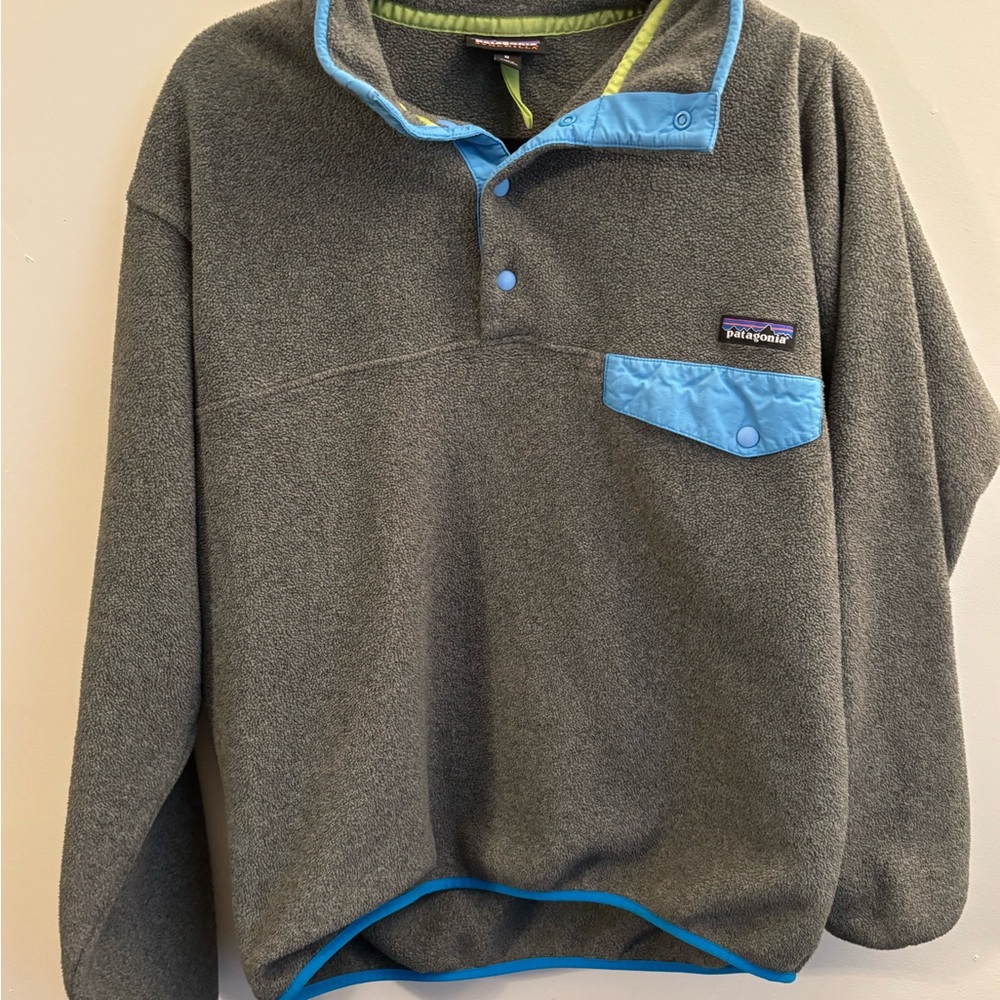 Patagonia Synchilla Gray Fleece with Blue and Green Accents